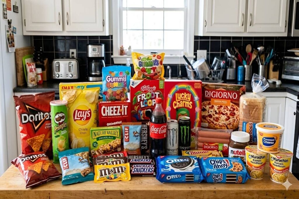 Ultra-processed food on a kitchen island.