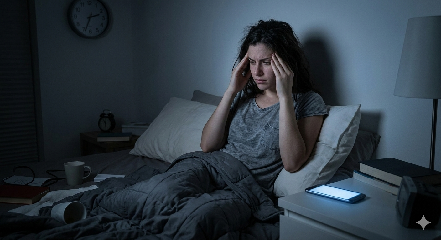 Woman struggling to sleep due to blue light from phone